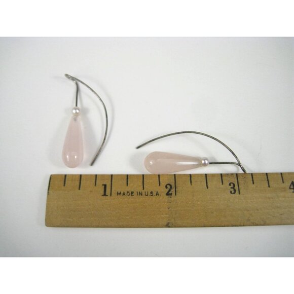 Rose Quartz Stone Pearl Drop Silver Hook French Wire Earrings Long 2 inch Sweep - Picture 2 of 8